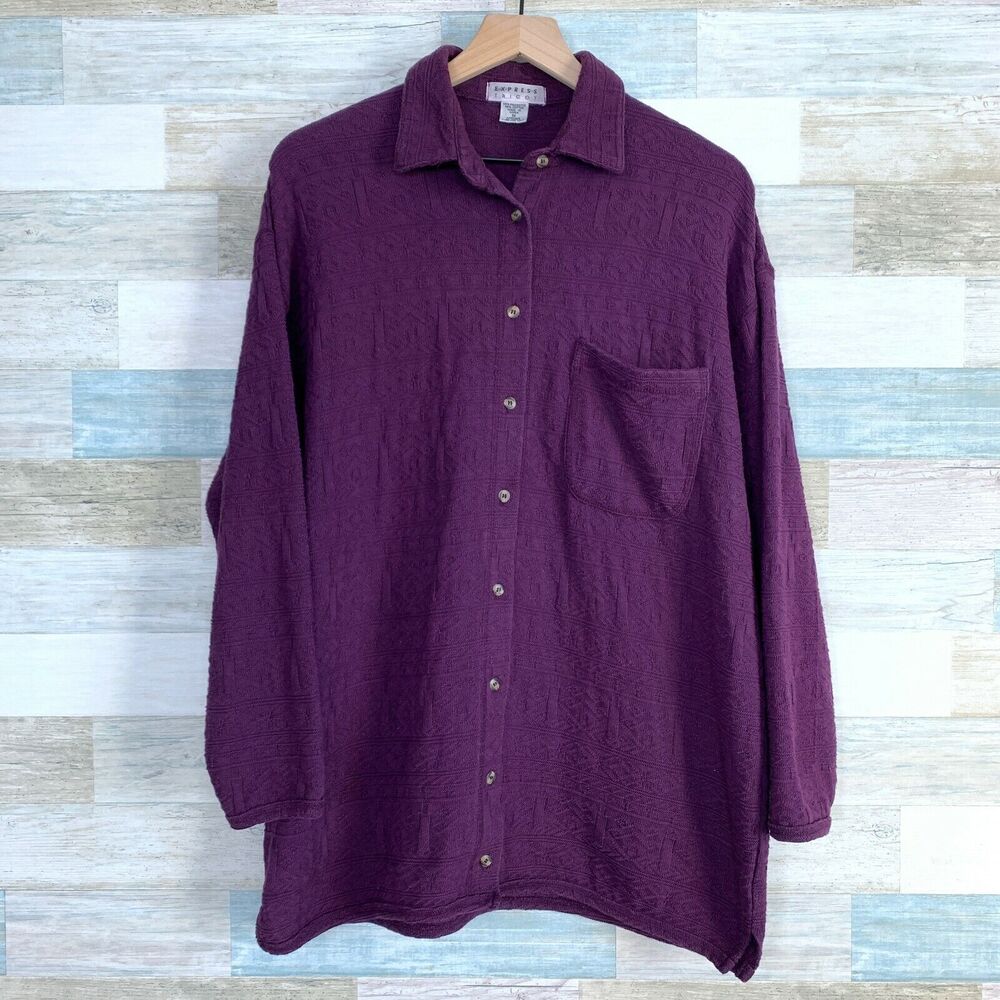 Express Tricot VTG Aztec Jacquard Sweater Jacket Purple Oversized Womens Small